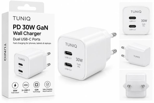 TUNIQ PD 30W GaN Ładowarka sieciowa — Dwa porty — kolor: biały