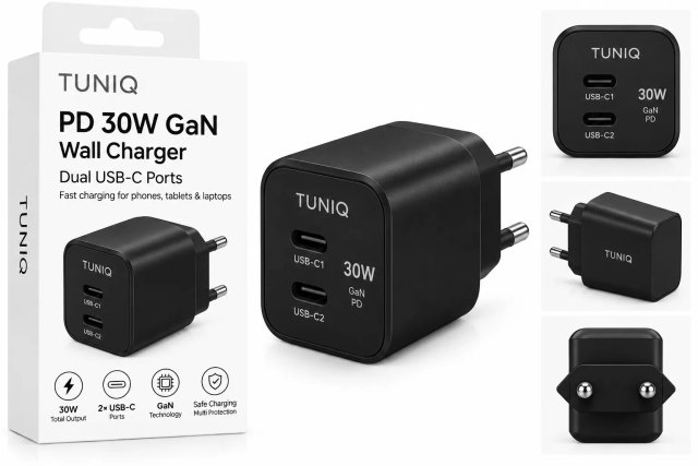 TUNIQ PD 30W GaN Ładowarka sieciowa — Dwa porty — kolor: czarny