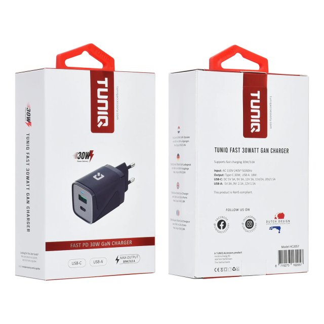 TUNIQ PD 30W GaN Ładowarka sieciowa — Dwa porty z USB-C Kabel — kolor: czarny