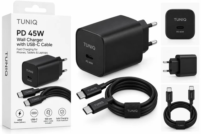 TUNIQ PD 45W — Ładowarka sieciowa z USB-C Kabel — kolor: czarny