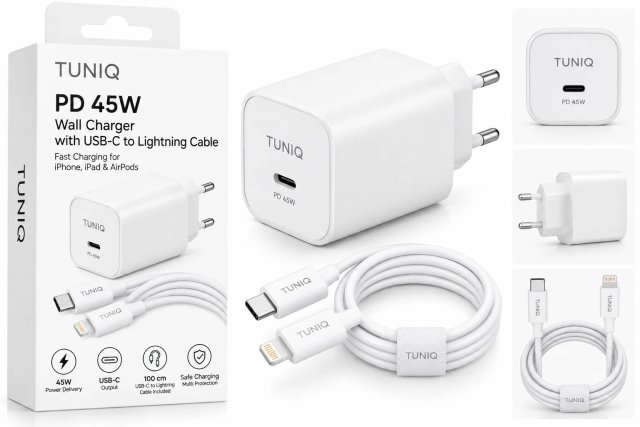 TUNIQ PD 45W — Ładowarka sieciowa z USB-C na iPhone Kabel — kolor: biały