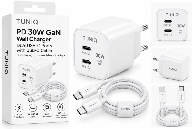 TUNIQ PD 30W GaN Ładowarka sieciowa — Dwa porty z USB-C Kabel — kolor: biały