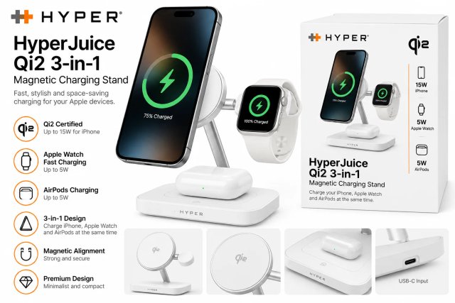 HyperJuice Qi2 3-in-1 Magnetic Charging Stand