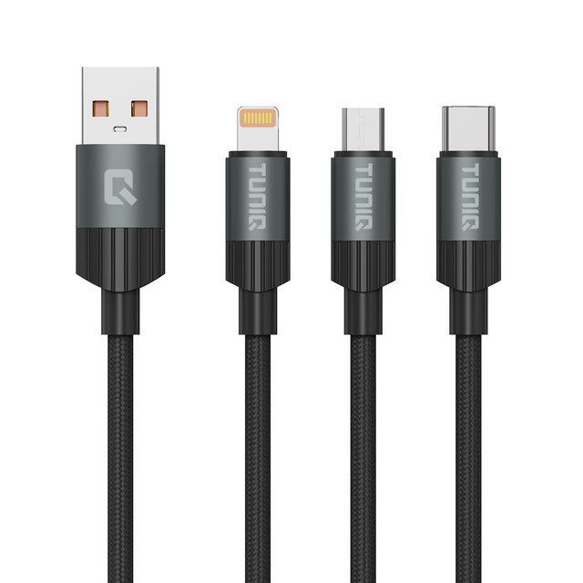TUNIQ 3 in 1 USB Kabel do ładowania i transmisji danych 100cm — kolor: czarny